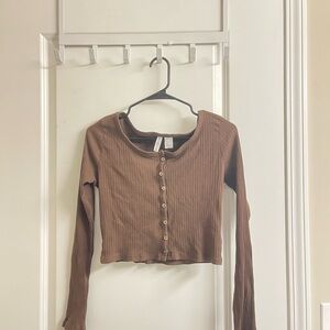 Brown Ribbed Button-Up Women's Top
